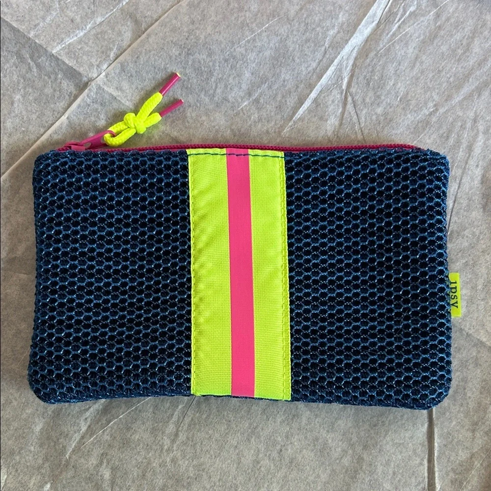 5 pc set Ipsy Navy Pouch w/ Neon Pink & Yellow Stripe w/ jewelry 🦄